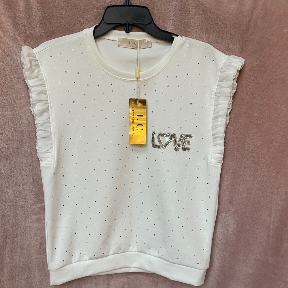Love LC Lizette Collection White Ruffle Blouse Rhinestones Valentines Top